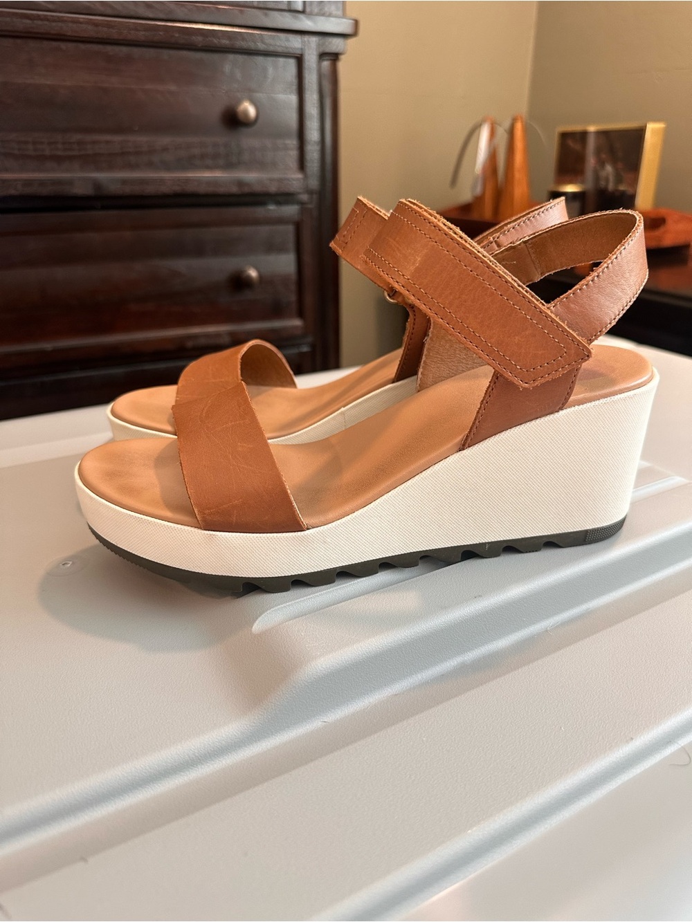 Sorel Brown Leather Wedge Sandals with White Platform